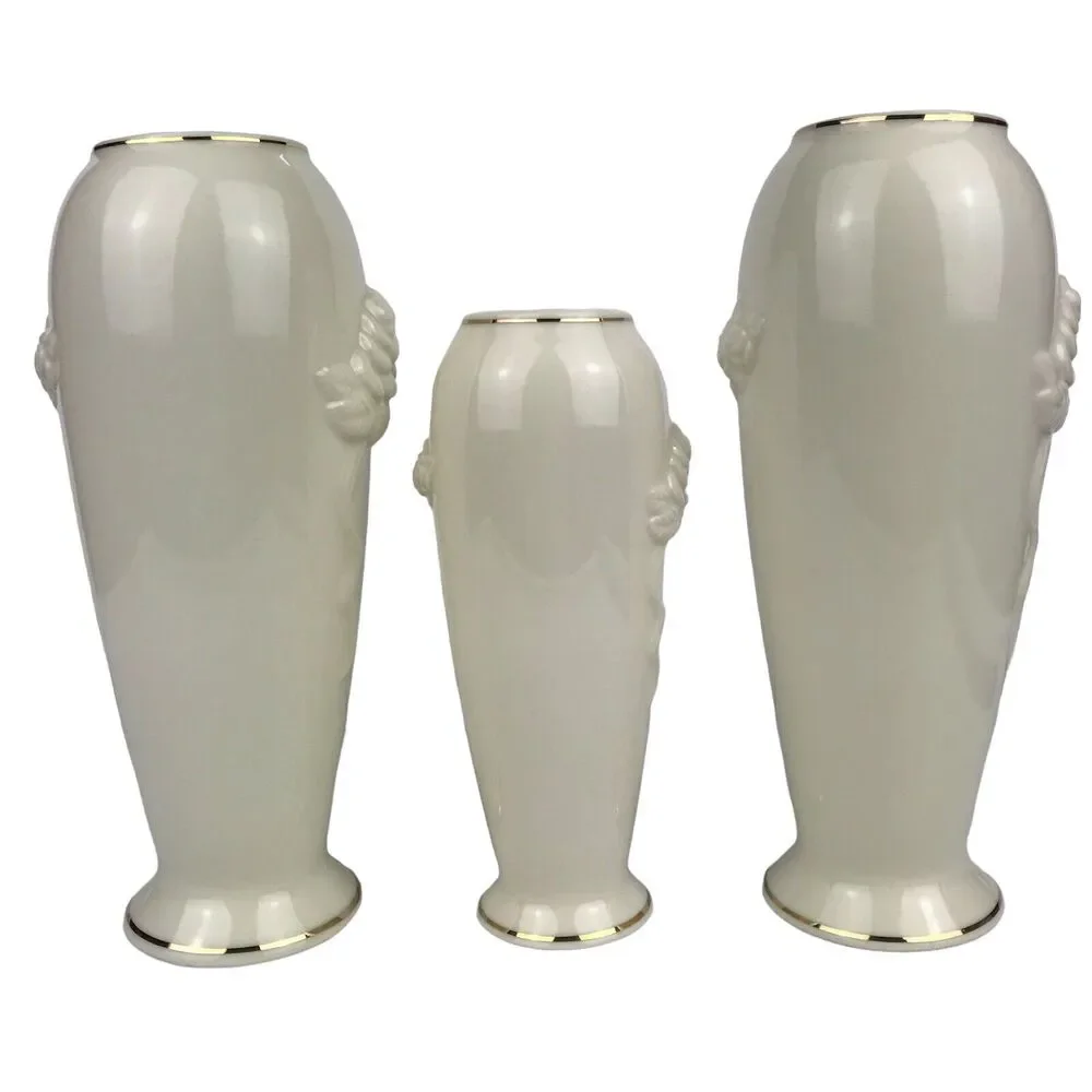 Lenox Rose Blossom Vases Ivory Porcelain 24k Gold Trim 5.75'' 7.5'' Set of 3 EUC